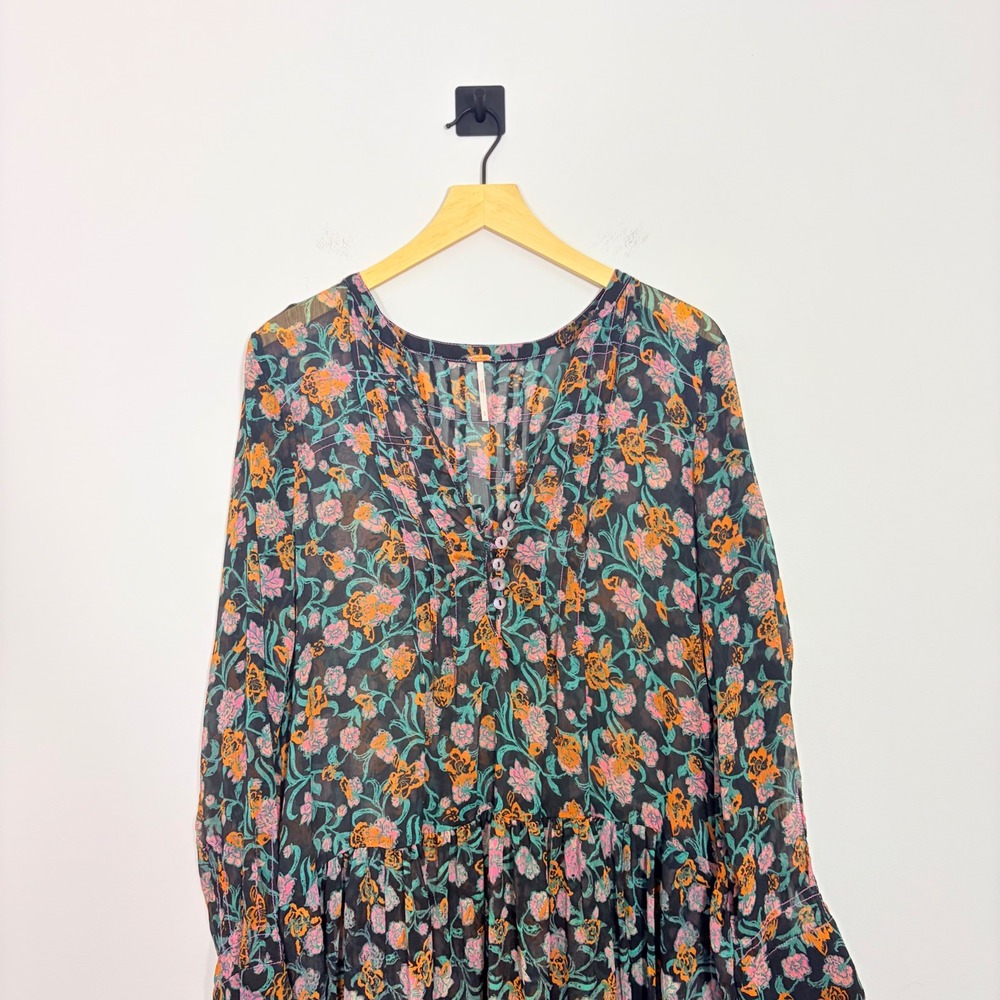 Free People See It Through Floral Long Sleeve Maxi Dress Black Combo Small - Picture 3 of 9